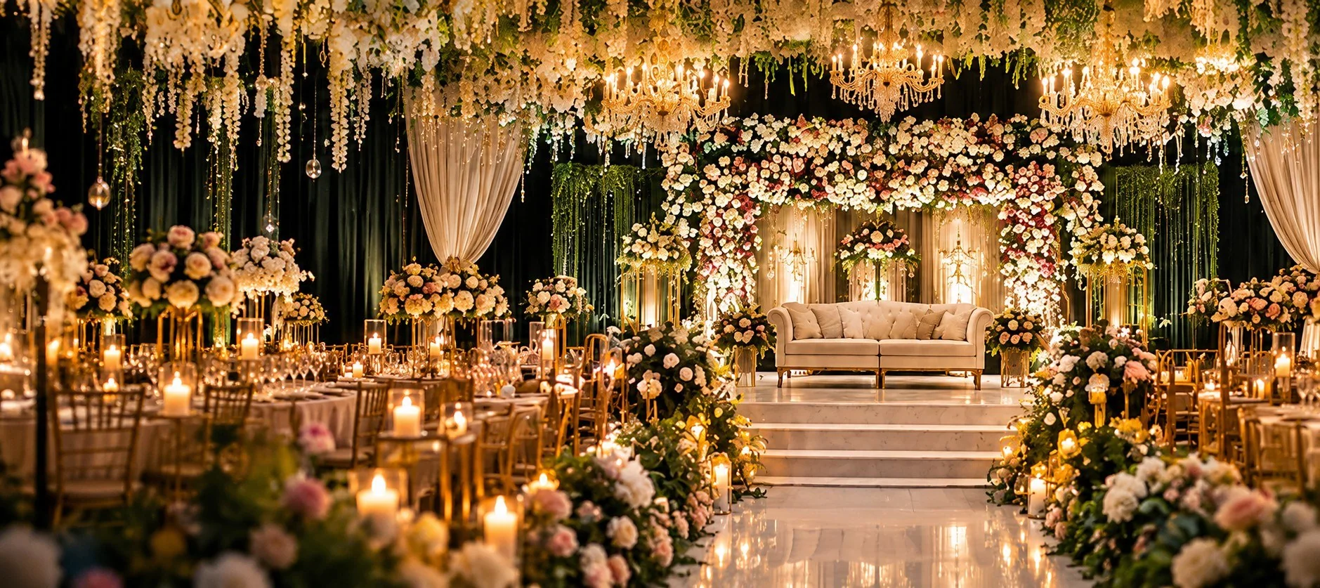 Lavish reception venue with floral centrepieces and chandelier lighting