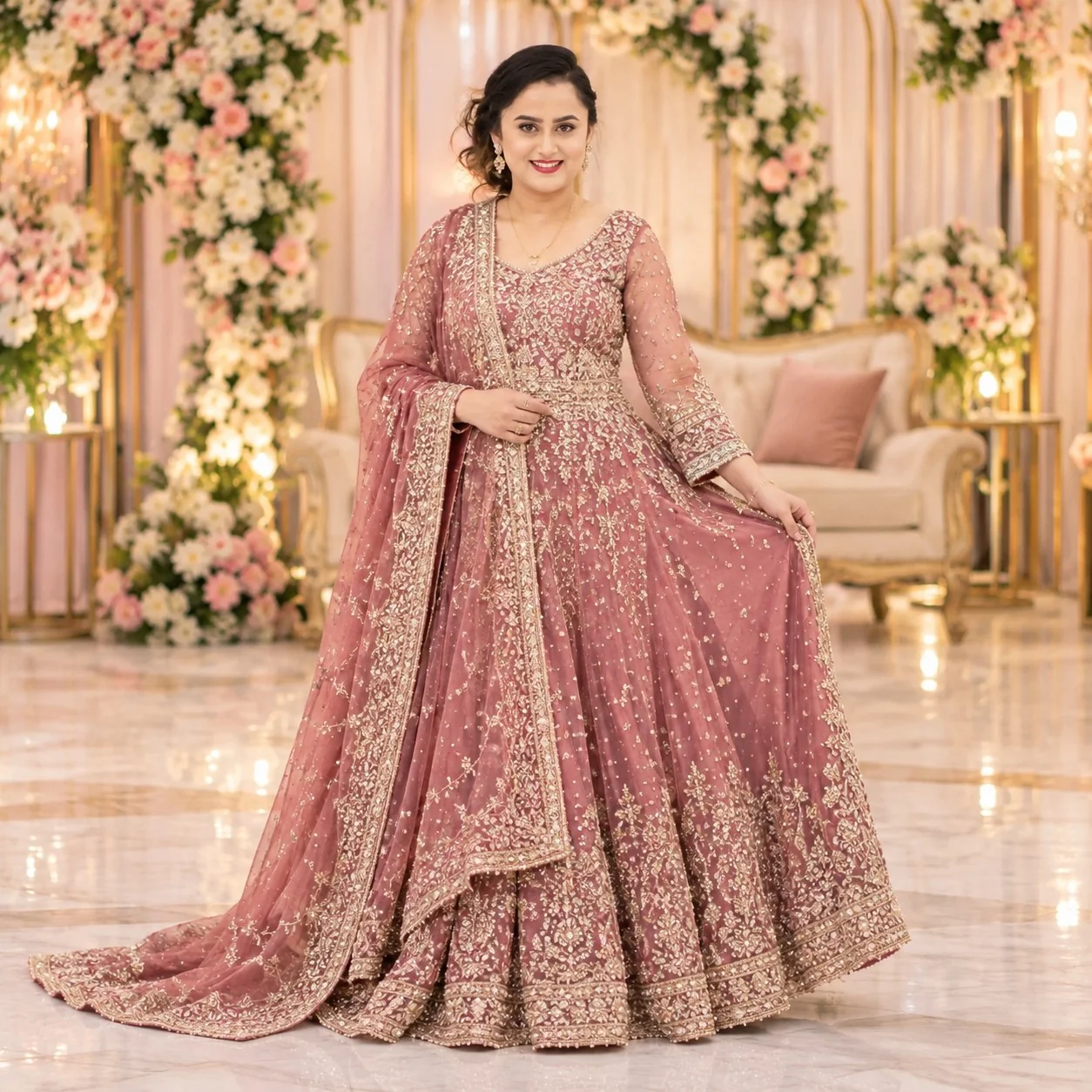 Woman in rose embroidered attire in a softly decorated celebration venue
