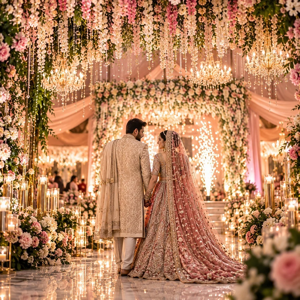 Floral wedding aisle with a bride and groom walking towards the stage